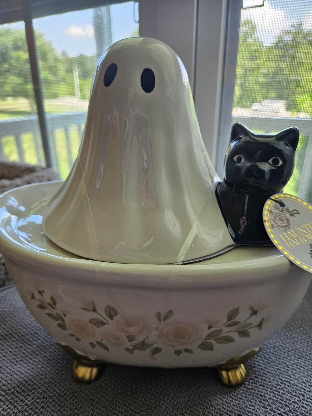 White Ceramic Ghost & Black Cat Cookie Jar